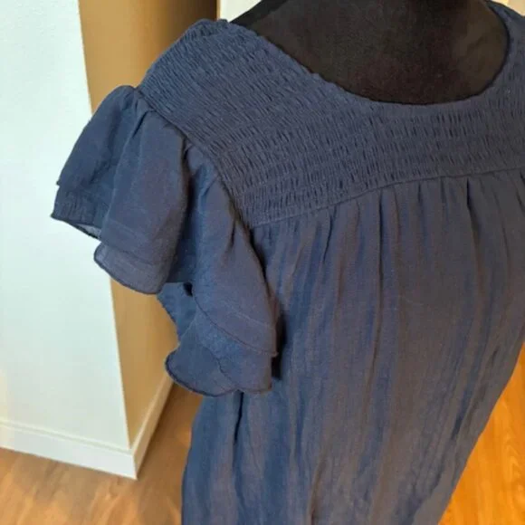 Indigo Rose Navy Smocked Yoke Flutter Sleeve Boho Cottagecore Dress EUC M - Picture 2 of 6